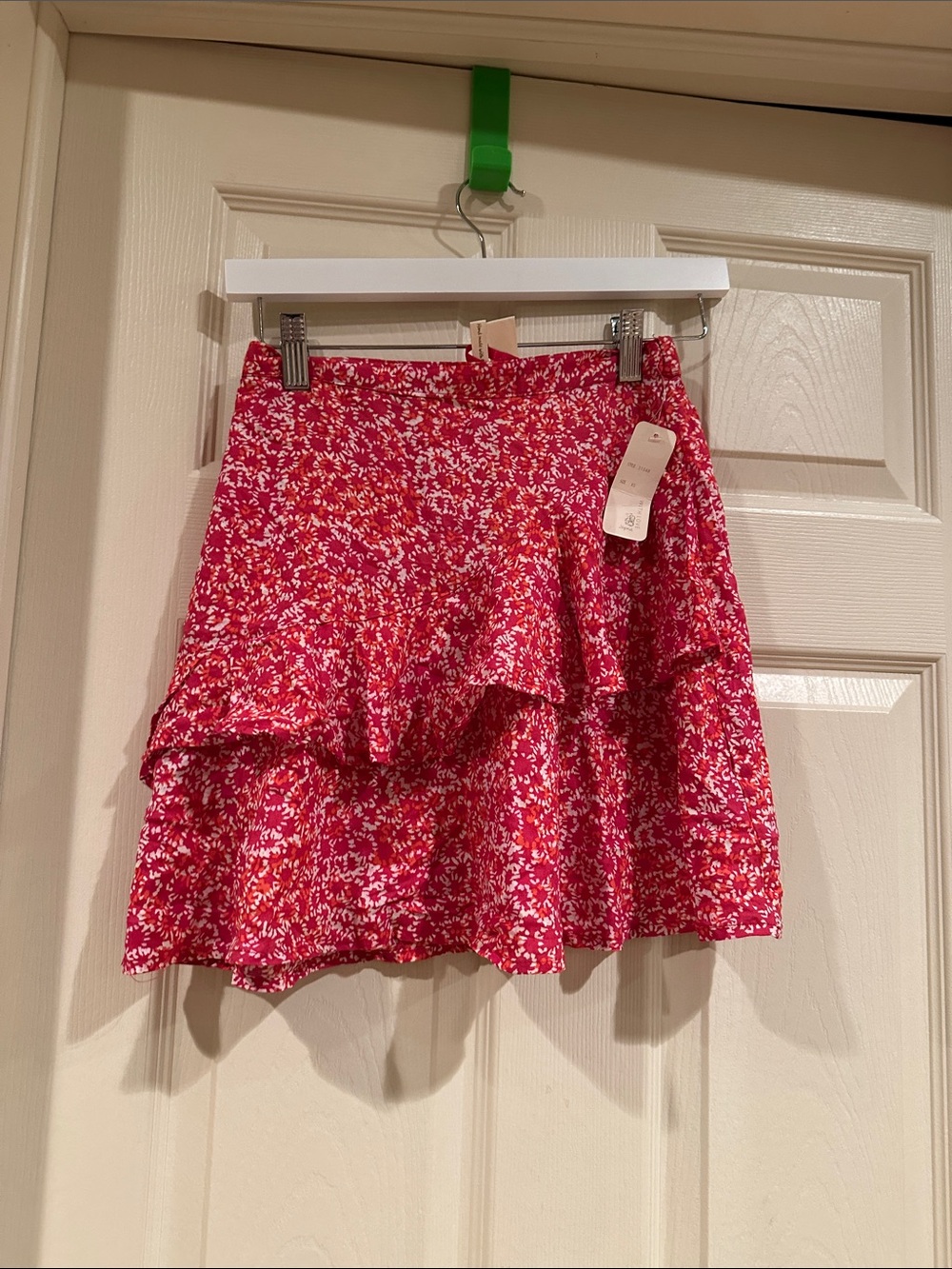 Japna Red-Pink Floral Ruffle Tiered Mini Skirt